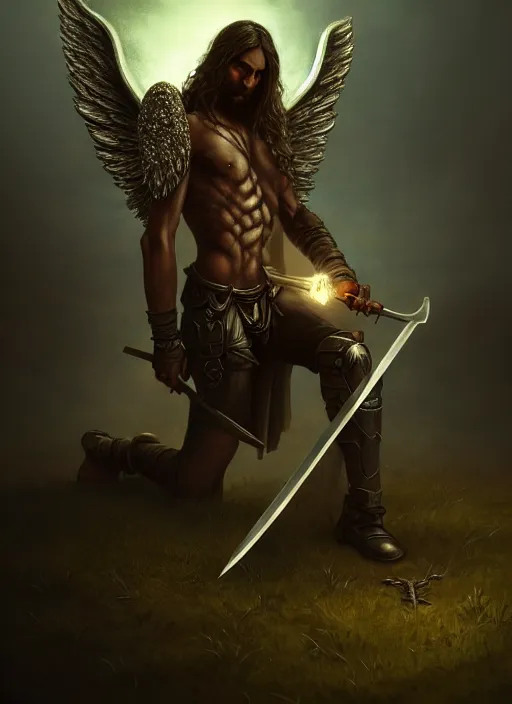 Image similar to fantasy art, fallen man angel kneeling with a sword and shield and wings, close-up, bokeh. dark art masterpiece artstation. 8k, sharp high quality illustration in style of Jose Daniel Cabrera Pena and Leonid Kozienko, Tooth Wu, studio lighting