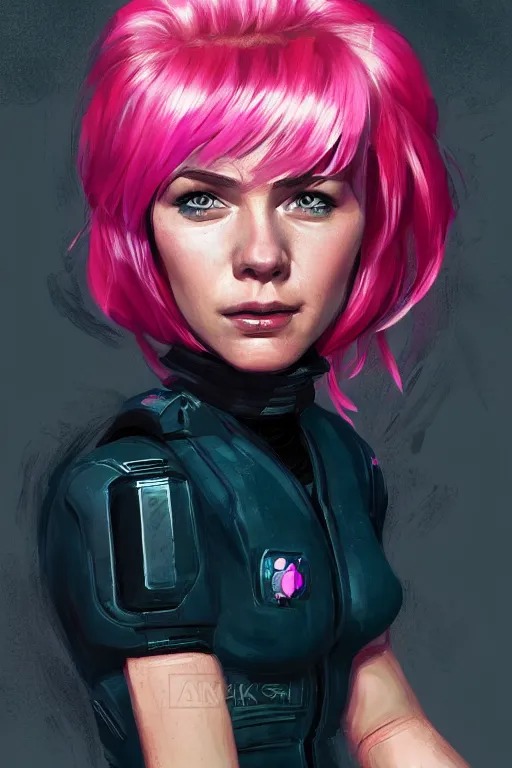 Image similar to a portrait of an attractive female sci fi pilot with pink hair, bangs, playful, grinning, illustration by aleksei vinogradov, trending on artstation