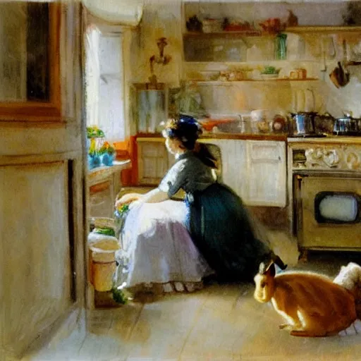 Image similar to a rabbit and a young edwardian woman in a french cozy kitchen, in the style of anders zorn