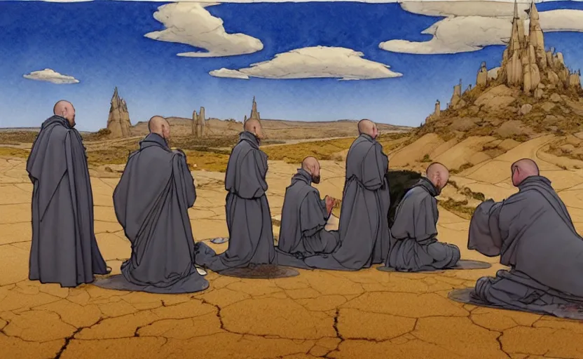 Image similar to a hyperrealist watercolour concept art of a group of medieval monks in grey robes kneeling in prayer on a desert road. a large steampunk ufo is above them in the sky. by rebecca guay, michael kaluta, charles vess and jean moebius giraud. high detail, hq, wide shot