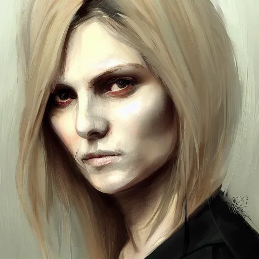 Image similar to Portrait of a woman by Greg Rutkowski, she is about 40 years old, pretty, blond hair with two strans around her face, slavic features, melancholic gaze, pretty aquiline nose, affectionate mom vibes, she is wearing a white and black utilitarian jumpsuit, highly detailed portrait, digital painting, artstation, concept art, smooth, sharp foccus ilustration, Artstation HQ.