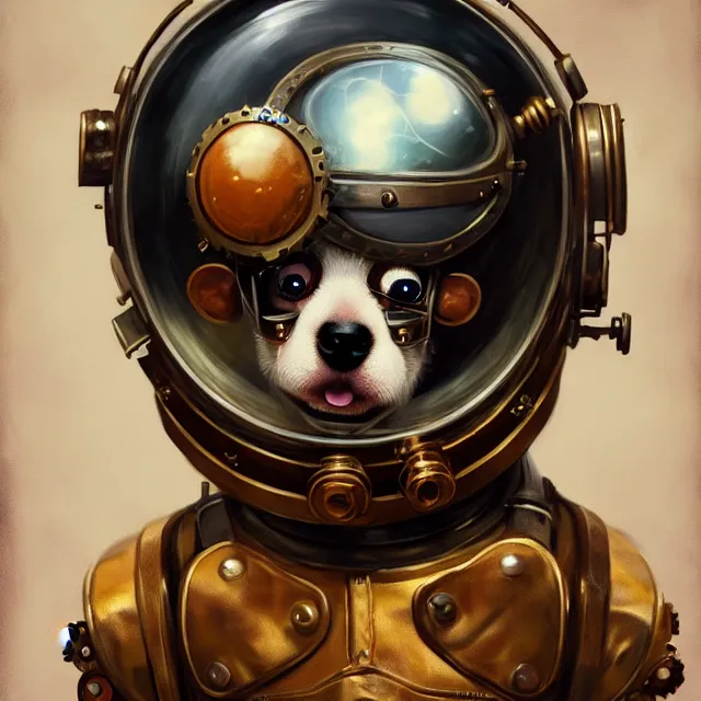 Prompt: cute puppy steampunk wearing space helmet, smiling, perfect face, gears, cinematic, elegant, highly detailed, psychedelic, digital painting, artstation, smooth, hard focus, illustration, art by jessica rossier and and brian froud