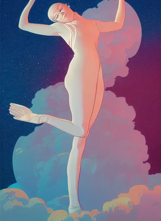 Image similar to poster artwork by michael whelan and tomer hanuka, portrait of beautiful sensual dancer in the clouds of jupiter, clean, art deco