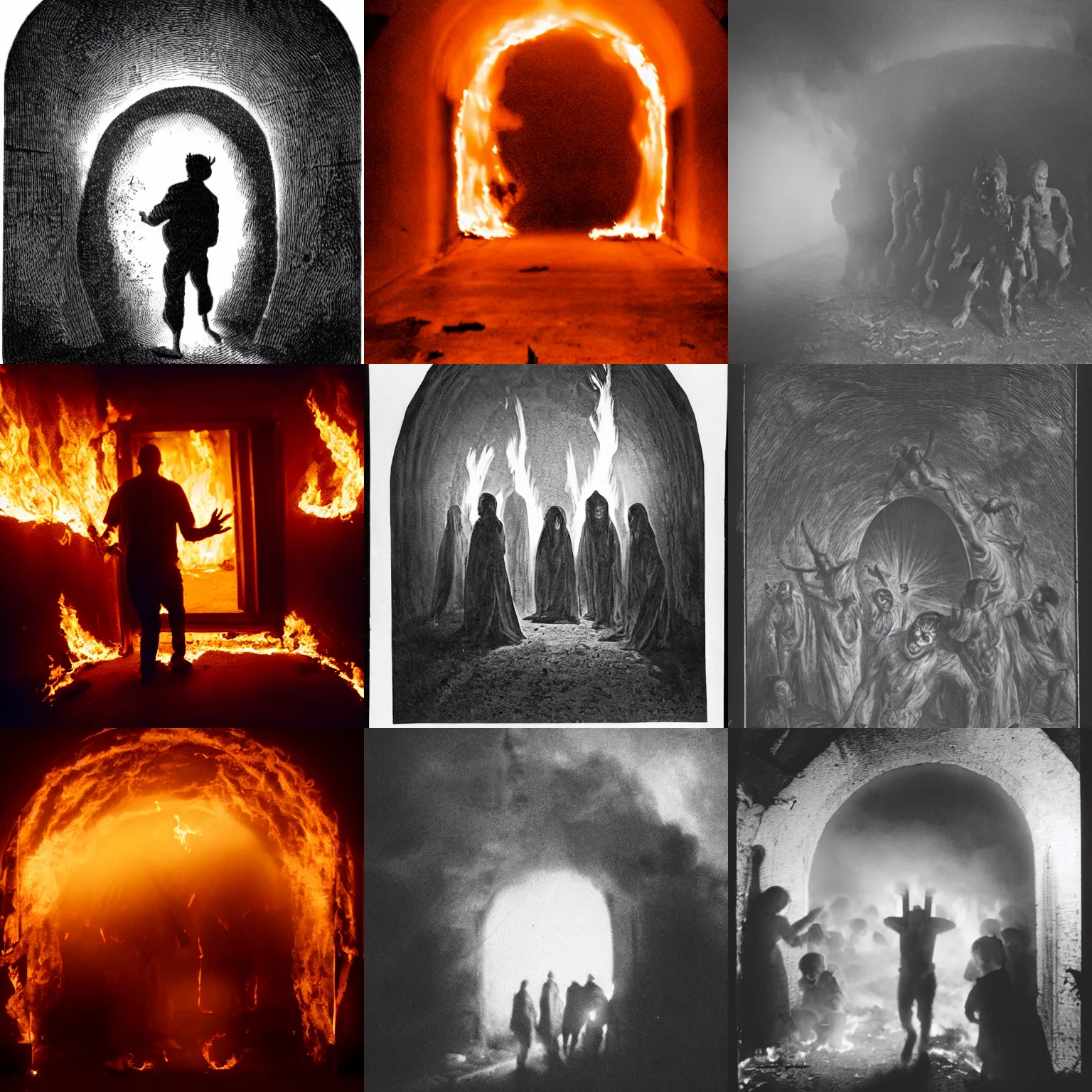 Prompt: photograph of demons entering through a burning portal, dark figurings