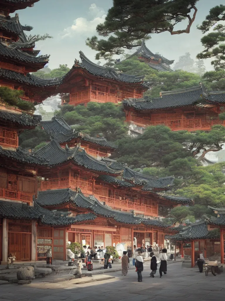 Image similar to Tea houses in ancient China are full of traffic，Epic image quality，Makoto Shinkai style