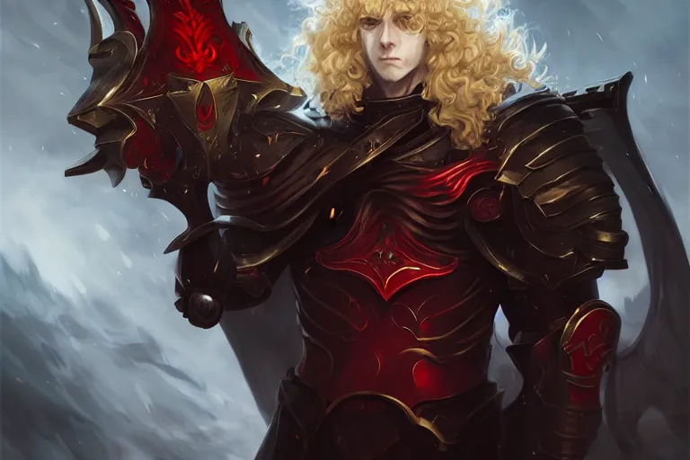 Prompt: digital art of a pale menacing male Blood Knight Angel with fluffy blond curls of hair and piercing red eyes, gilded black uniform, he commands the fiery power of resonance and wrath, by WLOP, Artstation, CGsociety