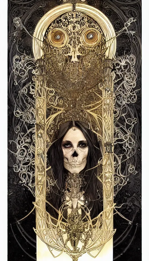 Image similar to a skeleton in a black cloak, highly detailed, very intricate, art nouveau, gold filigree, left right symmetry, tarot concept art watercolor illustration by mandy jurgens and alphonse mucha and alena aenami, featured on artstation