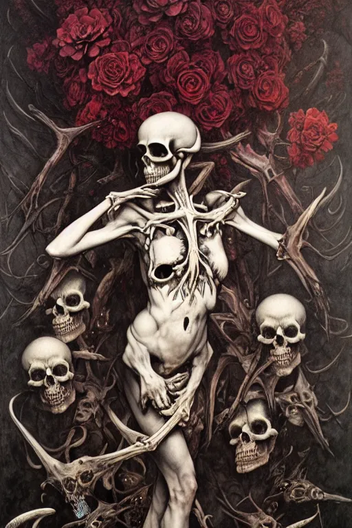 Image similar to portrair of skull candy, flowers and bones in the style of wayne barlowe, gustav moreau, goward, bussiere, roberto ferri, santiago caruso, luis ricardo falero, austin osman spare