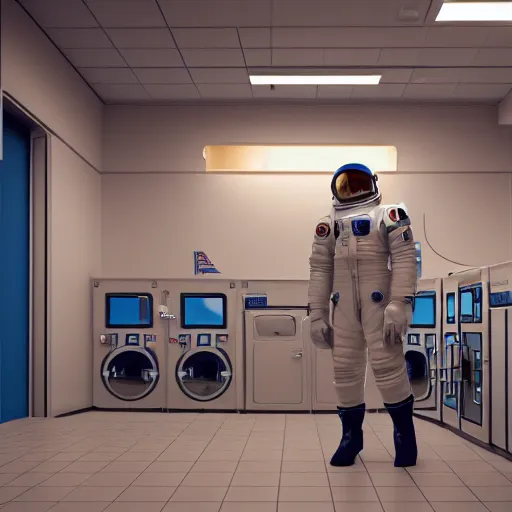 Image similar to a beautiful photo of an astronaut waiting in a laundromat, soft light, morning light, photorealistic, realistic, octane, 8k, cinematic shot