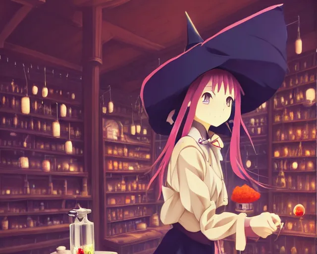 Image similar to anime visual, portrait of a young female traveler wearing a witch hat in a alchemist's potion shop interior, cute face by yoh yoshinari, katsura masakazu, cinematic luts, cold colors, dynamic pose, dynamic perspective, strong silhouette, anime cels, ilya kuvshinov, crisp and sharp, rounded eyes, moody