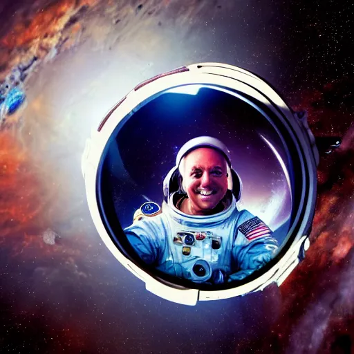 Image similar to astronaut in space floating in the eye of the universe, photo - realistic, hyper - realistic, cinematography, 8 k, hd, highly detailed, dreamy