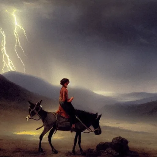 Prompt: woman on a donkey gazing at a lightning bolt in the distance in a valley, heavy rain approaching, John Harris, crisp lighting, breathtaking detail, cinematic