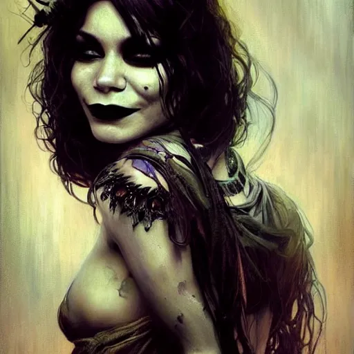 Image similar to beautiful portrait of vanessa hudgens as death from sandman, smiling, by cedric peyravernay, alphonse mucha, by jeremy mann, by lecouffe deharme, goth chic, soft lightning, eyeliner, punk rock, high detailed, 8 k