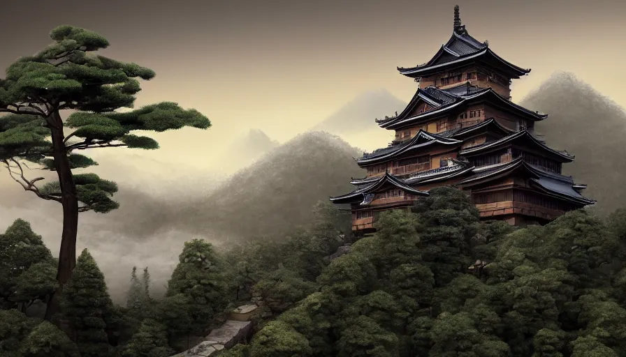 Image similar to A highly detailed matte painting of a large japanese castle, dark and wooden, in the mountains with volumetric fog, with matsu pine trees, by Studio Ghibli, Makoto Shinkai, by Artgerm, by beeple, volumetric lighting, octane render, 4K resolution, trending on artstation