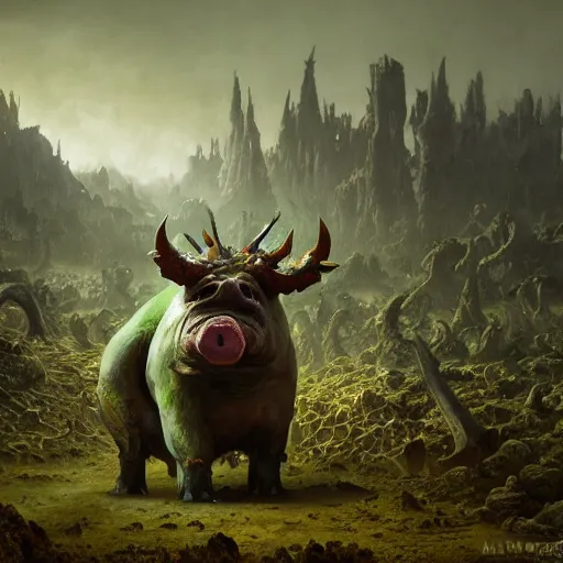 Image similar to A giant pig-monster made of grotesque things in Elden Ring, fullbody, intricate, demonic, video game art, highly detailed, artstation, green field with village ruins, concept art, smooth, sharp focus, illustration, art by greg rutkowski and orientalism and bouguereau and Zdzislaw Beksinski, good clear quality, lighting, biology, symmetrical artwork, perfect face, 135 mm, cinematic, hyper realism, high detail, octane render, 8k, chrome accents