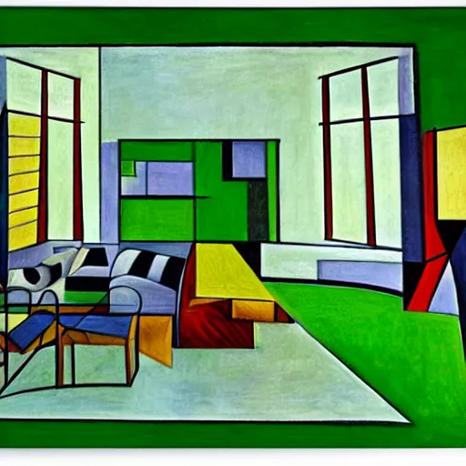 Image similar to a large room with a green lawn in the middle of it, a cubist painting by gilberto soren zaragoza, cg society, modernism, symmetrical, cubism, windows vista