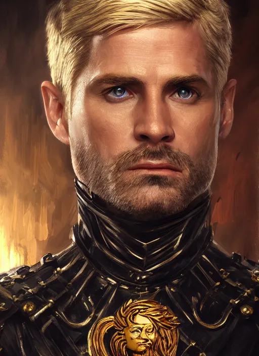 Image similar to highly detailed oil painting, masterpiece portrait butler male lannister, fantasy character portrait, dynamic pose, above view, top lighting, realistic shaded, perfect face, 8 k realistic, hyper detailed, digital painting, artstation, concept art, hyper detailed eyes, cinematic lighting, dynamic pose, above view, perfect eyes