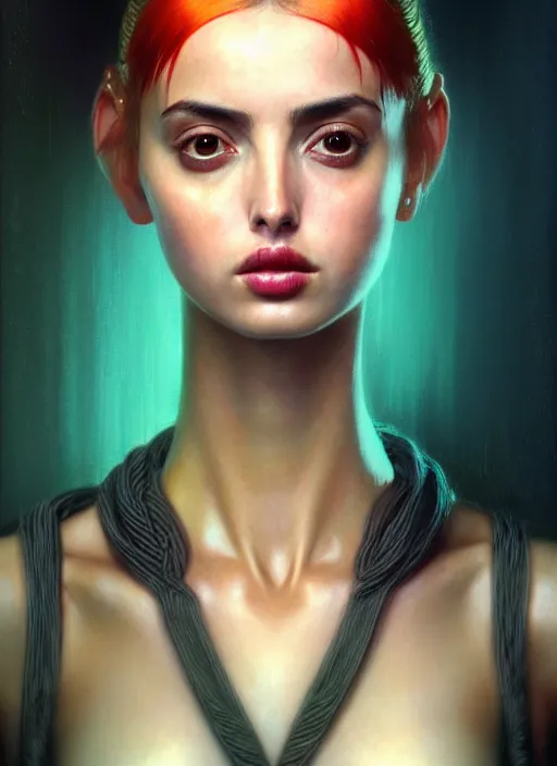 Image similar to hyper realistic zoomed out portrait of ana de armas wearing clothes from the fifth element, leeloo, padme, blade runner, by hsiao ron cheng, ngai victo, nivanh chanthara jean delville wlop and dougherty patrick, trending on artstation, soft light