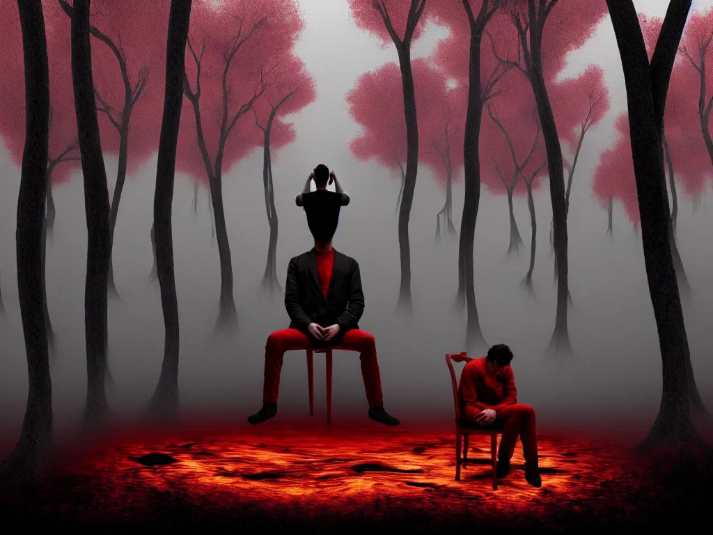 Image similar to a dream of a man with five heads, twelve arms, sitting on chair made of human limbs, the chair is floating in a lake of blood, around the lake are melting trees, the man's limbs are merging with the trees, found on artstation, hyperrealistic nightmare scene, supernatural, highly detailed, creepy, terrifying