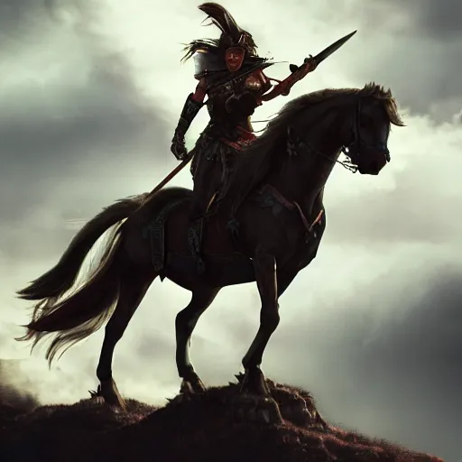 Image similar to legendary female warrior on a flying mount, shallow depth of field, moody lighting, 8 k, concept art,