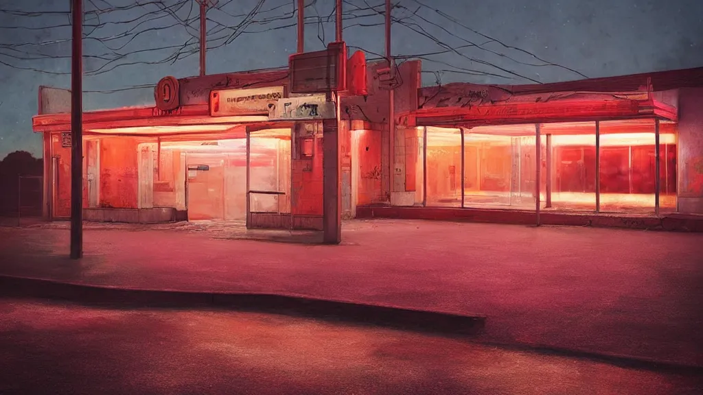 Prompt: an empty parking lout outside an abandoned retro diner at night, by lee madgwick and bastien lecouffe - deharme, pink and orange neon lights, highly detailed, photorealistic, artstation trending, cryenging 8 k uhd