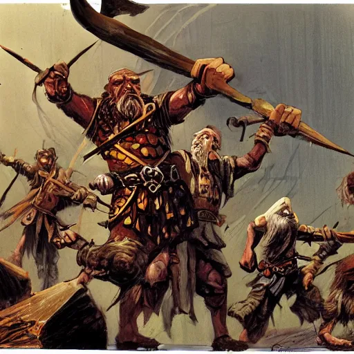 Image similar to DnD dwarves in gladitorial duel. Concept art by james gurney. Dark sun.