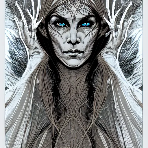 Image similar to wideview of an elven witch,intricate, veins, by Hugo pratt, ultradetailed, trending on artstation,