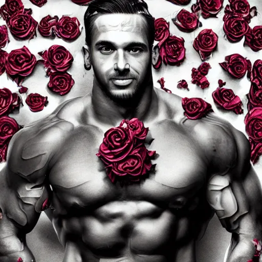 Image similar to handsome portrait of a spartan guy bodybuilder posing, surrounded by roses, intricate details, trending on artstation, sharp focus, caustics, radiant light, translucence, style of vento aureo cover art, style of stone ocean cover art, style of steel ball run cover art, ilya kuvishinov style, illustrated by hirohhiko araki