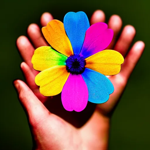 Image similar to closeup photo of rainbow - colored flower with 7 petals, held by hand, shallow depth of field, cinematic, 8 0 mm, f 1. 8