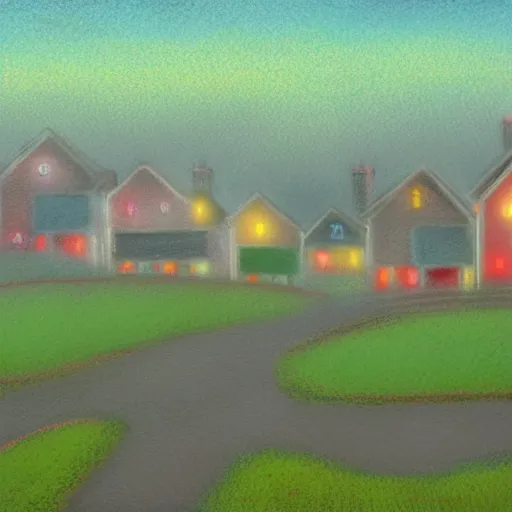 Image similar to suburban american neighborhood on early morning with mist over the houses, painting by best artist in the world, illustration, 4k, high quality, 1980, pastel colors, film grain, cluttered,