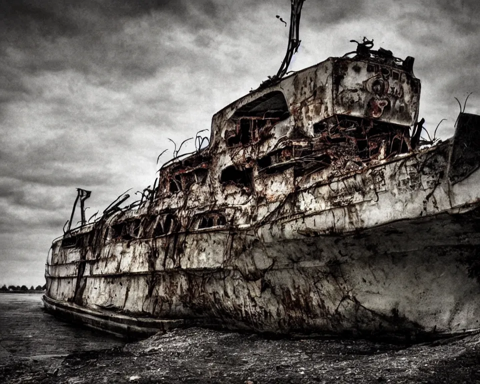 Image similar to a horror movie poster featuring a abandoned barge