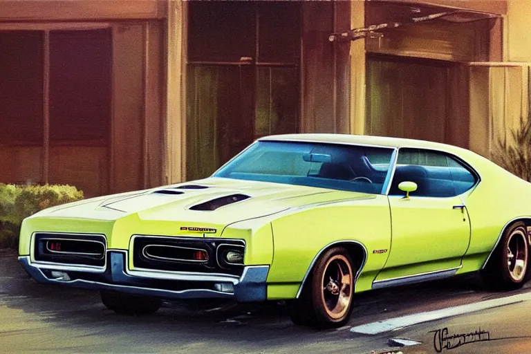 Prompt: 1 9 7 0 pontiac gto hardtop coupe 4 5 5 ho on a street, illustration by greg rutkowski