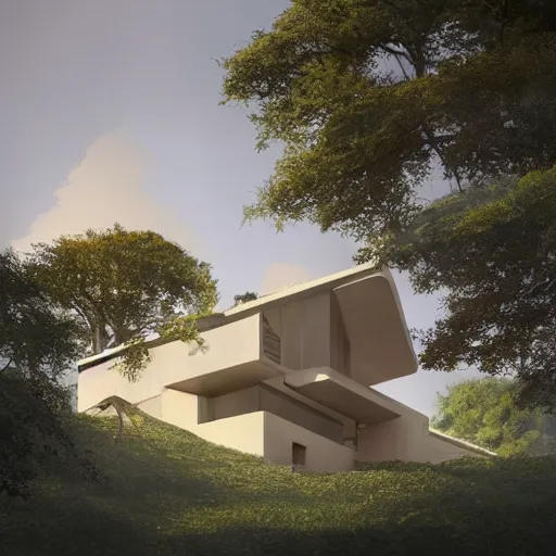 Image similar to beige rectangular house built around big central garden, on a hill surrounded by big trees, dramatic lighting, artstation, matte painting, raphael lacoste, simon stalenhag, frank lloyd wright, zaha hadid, drone view