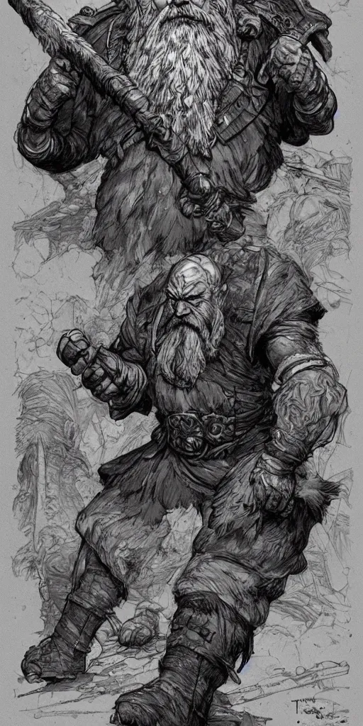 Image similar to concept art, aged dwarf stonemason warrior character, poster style, by paul pope, travis charest, gustave dore, hiroshi yoshida, moebius, artgerm, cinematic