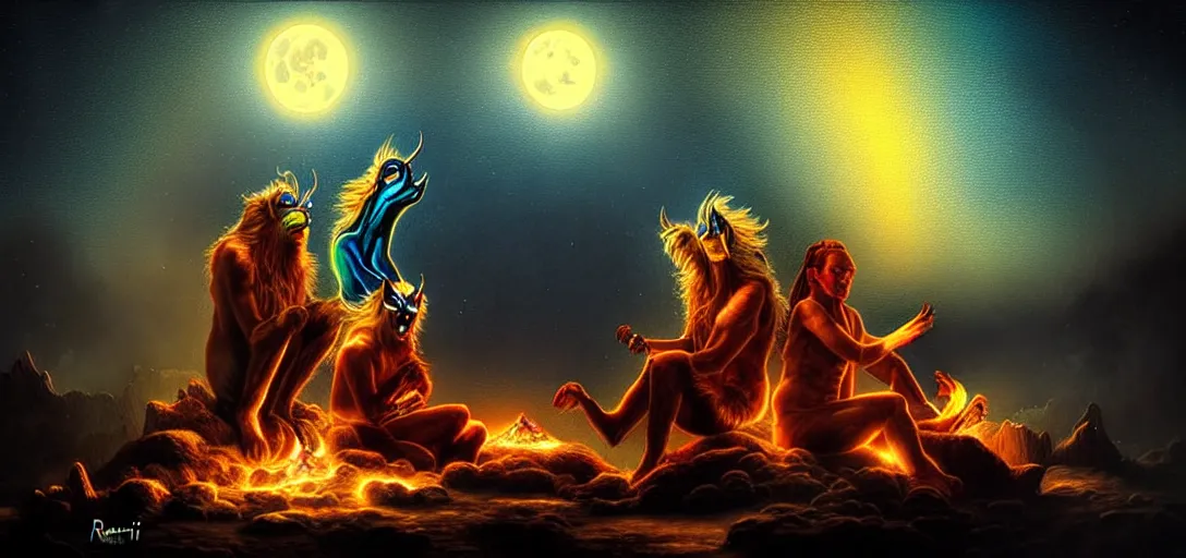 Image similar to uncanny!!! bifrost!!! mythical beasts of sitting around a fire under a full moon at bifrost, surreal dark uncanny painting by ronny khalil