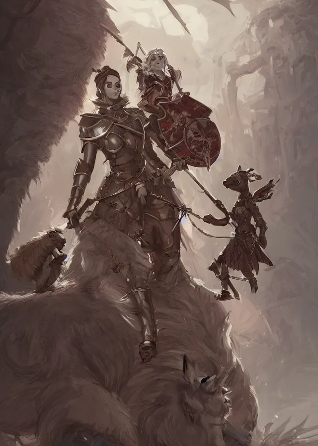 Image similar to a beautiful hyper realistic detailed epic concept art showing a noble knight women with her raccoon guardian above her, by matt rhodes, featured on artstation