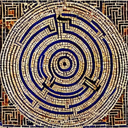 Image similar to medium shot Mosaic depicting a labyrinth, from Italica, AD 176-275. Archaeological Museum, Seville. Byzantine mosaics, highly detailed, HQ, HD, beautiful, National Geographic,