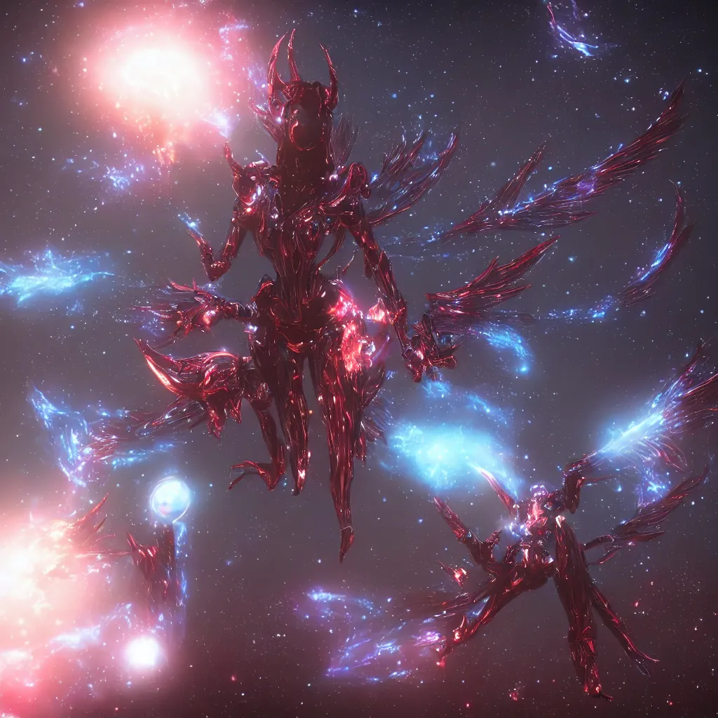 Image similar to the most beautiful cosmic android robot female devil, long glowing horns, huge wispsy wings, devil wings, into the cosmic sun, photo pic by unreal engine