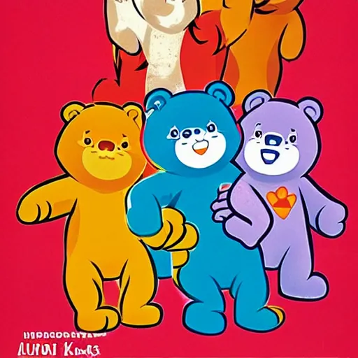 Image similar to the care bears as a military junta soviet propaganda poster