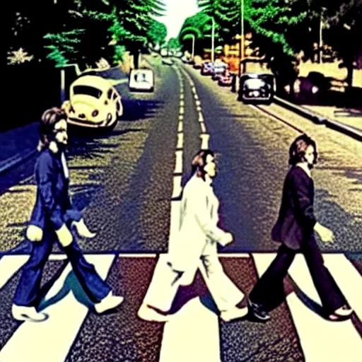 Image similar to abbey road album cover but the beatles slipped and fell