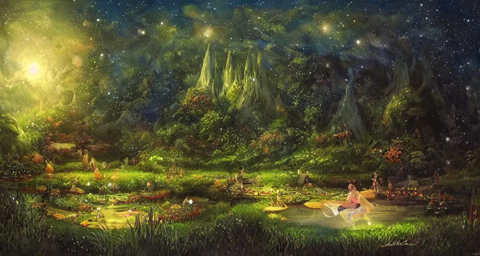 Image similar to a whimsical fairyland with a pond, starry sky, ambient lighting, fantasy art, fennando amorsolo style art