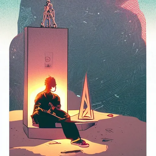 Image similar to Stunningly intricate illustration of a cyberpunk explorer meditating next to a floating triangular glowing monolith, highly detailed, midnight, by Victo Ngai and James Gilleard , Moebius, Laurie Greasley