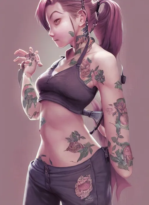 Image similar to character portrait of a female anthropmophic pig with a pigtail. She has a cute beautiful attractive detailed pig snout face wearing a tanktop and slacks standing outside a city tattoo parlor with arm tattoos. Character design by charlie bowater, ross tran, artgerm, and makoto shinkai, detailed, inked, western comic book art