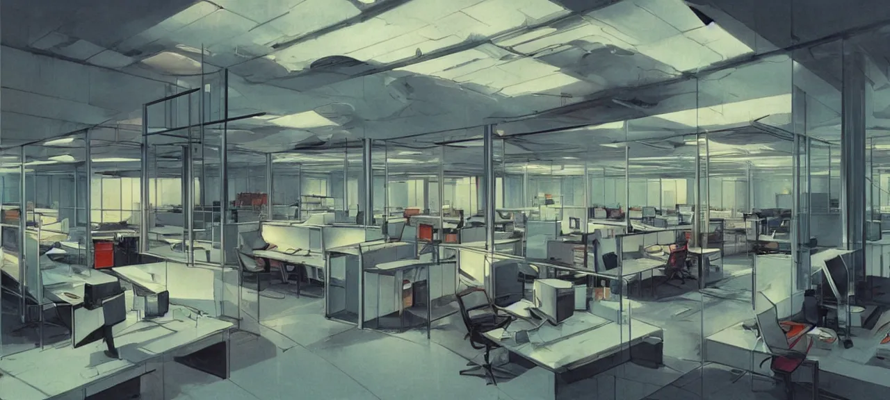 Prompt: dystopian office space with cubicles, vintage computers, neon light, giant screens on the walls, atrium, concrete walls, no windows, concept art by syd mead