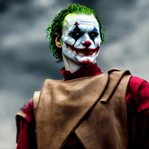 Image similar to cinematic shot of the joker wearing ancient roman soldier armor, 8 k, very detailed, very intricate,