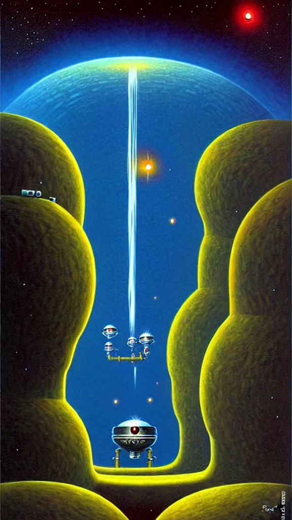 Image similar to a scifi illustration, an unknown mechanism in the depths ancient cave system on a distant planet in by rafal olbinski