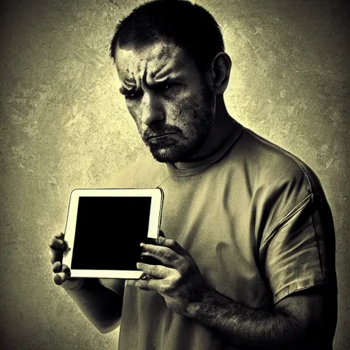 Prompt: sad prisoner holding ipad, prison cell, photorealistic, frustrated expression, dark mood, hopelessness, gloomy