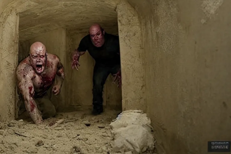 Prompt: zombie Dean Norris coming out of a tomb, movie still, photorealistic, clean composition, real shot