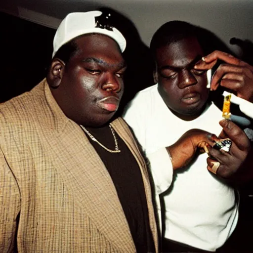 Image similar to a photograph of michael jackson and biggie smoking a joint together