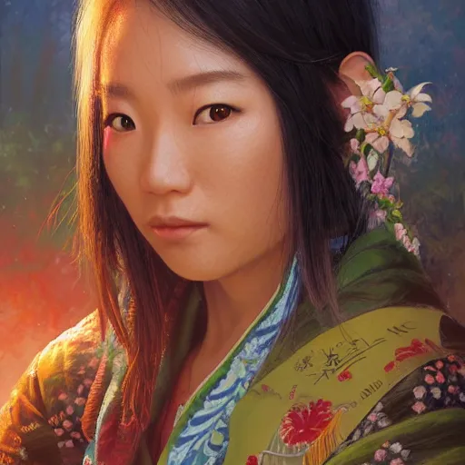 Prompt: portrait of a young okinawan woman ( 3 5 ) from okinawa, japan in 2 0 2 1, an oil painting by ross tran and thomas kincade